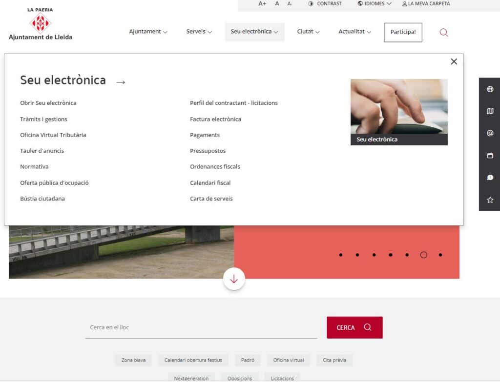 Captura del web de Paeria mostrant el menú de Seu Electrònica.