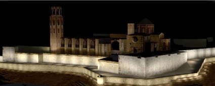 Imatge virtual del vessant nord-oest del conjunt monumental de la Seu Vella amb el nou sistema d’il·luminació monumental nocturna amb LED.