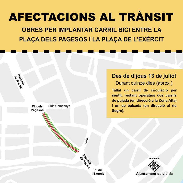 La Paeria inicia aquest dijous les obres per implantar carril bici i millorar la mobilitat entre la plaça dels Pagesos i la plaça de l’Exèrcit.